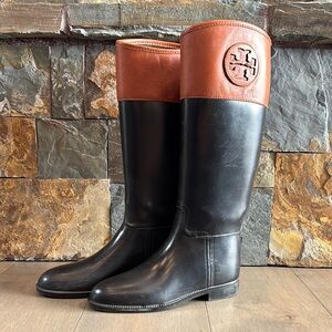 Tory Burch Rubber Black and Brown Riding Boots